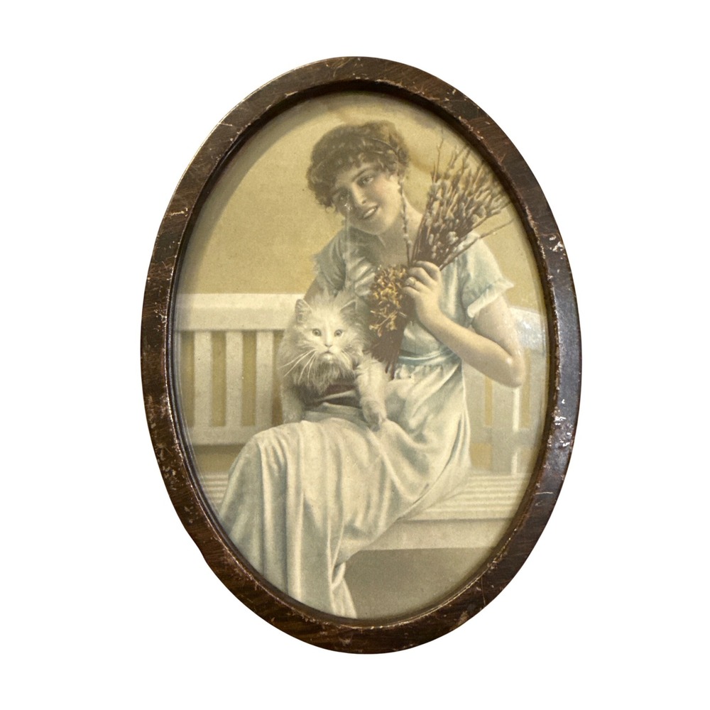 Oval Tin Frame Antique Edwardian Print Woman with‎ White Cat 7.5" Cottagecore